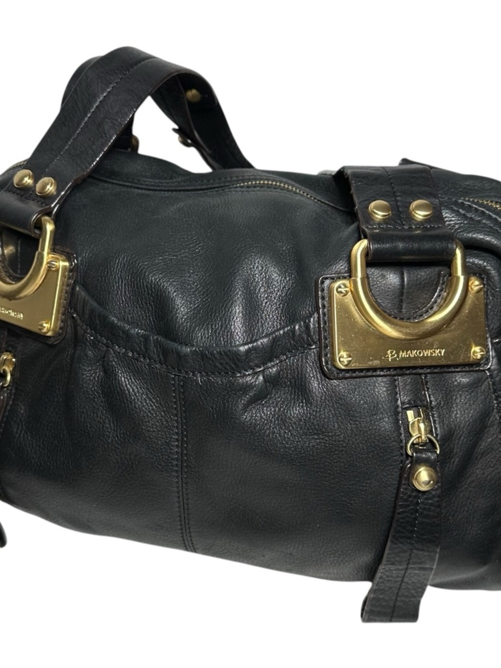 b. makowsky Black Leather Gold Logo Hardware Montgomery Shoulder Satchel Bag - Picture 2 of 14